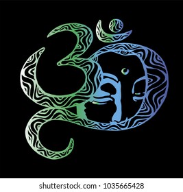 The face of the Buddha is inscribed in the om. Color illustration. Buddhism