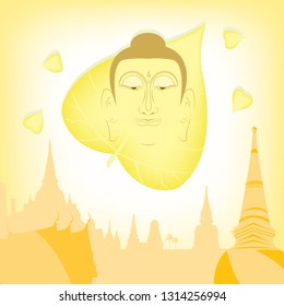 The face of the Buddha and various temples on a yellow background.