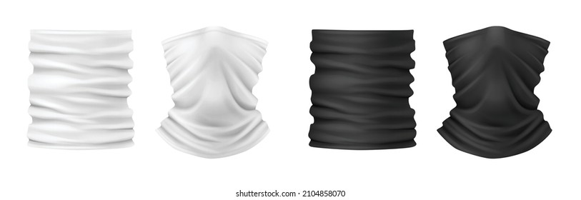Face buff and bandana masks black and white set isolated. Realistic neck wear warming cloth for male and female. 3d template clothing for winter. Vector illustration