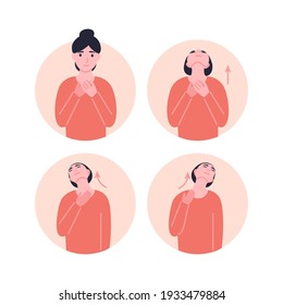 Face building, facebuilding or face yoga head drop exercises to Get Rid of a Double Chin, head tilt. Flat vector cartoon modern illustration. Infographic.