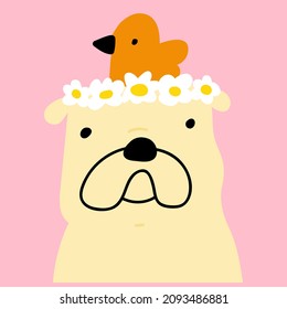 Face of bulldog with bird on his head. Vector illustration on pink background.