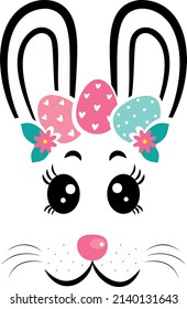 The face of the bunny with a wreath of eggs on white isolated background. Easter bunny face