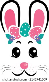 The face of the bunny with a wreath of eggs on white isolated background. Easter bunny face