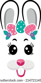 The face of the bunny with a wreath of eggs on white isolated background. Easter bunny face