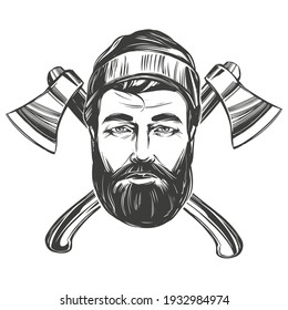 face of a burly woodcutter against the background of axes hand drawn vector illustration sketch