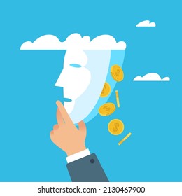 Face Of The Business Brings Money. Hand Holds Mask, Golden Coins Fall, Emotional Control On Meeting To Achieving Goals. Behavior To Success, Leader Strategy Vector Cartoon Flat Concept