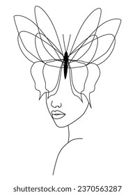 A face with a butterfly. Butterfly. Continuous line, drawing of established faces and hairstyles, fashion concept, minimalist female beauty. Vector illustration.