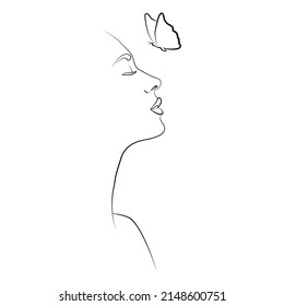 A face with a butterfly. Continuous face line, face painting, fashion concept, minimalistic female beauty. Beautiful vector illustration. A modern portrait.