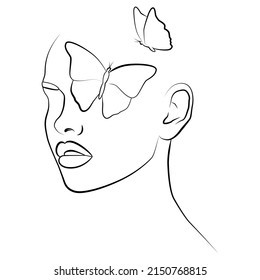 A face with a butterfly. Continuous face line, face painting, fashion concept, minimalistic female beauty. Beautiful vector illustration. A modern portrait.