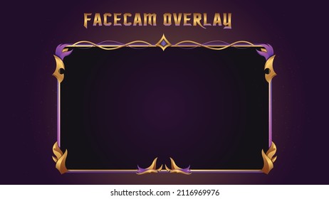 face cam overlay png for fantasy game lovers to show on live streams. Can be used as a panel or banner for royal themed posters or other luxury premium graphics.  Purple and gold border old frame
