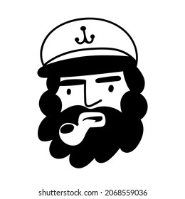 Face of captain smoking pipe. Outline vector illustration on white background. 