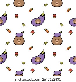 Enfrentar capivara em desenho animado berinjela tão fofo. No fundo branco de folha de cogumelo de cenoura. Ilustração de vetor uniforme de padrão. 