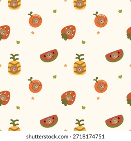 Face capybara in fruit cartoon so cute. On pineapple strawberry orange watermelon leaf star background. Pattern seamless vector illustration. 