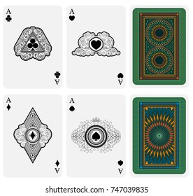 Face with card suit with line geometrical frame and two back with green pattern suits. Set of four aces best for card, print, label