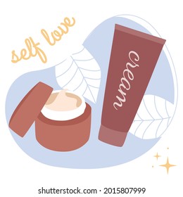 Face care accessories on a blue background. Cream in a jar and a cream in a tube. Personal care and health. Fight acne. Vector flat illustration.