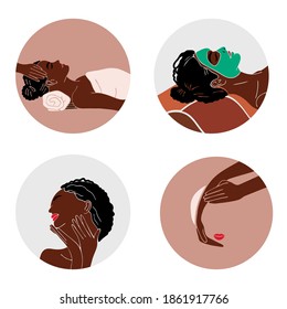 Face care. Beauty salon. African american woman with afro hairstyle. Black woman. Spa. Vector illustration. Icon