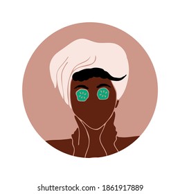 Face care. Beauty salon. African american woman with afro hairstyle. Black woman. Spa. Vector illustration. Icon