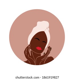 Face care. Beauty salon. African american woman with afro hairstyle. Black woman. Spa. Vector illustration. Icon