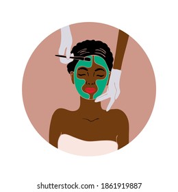 Face care. Beauty salon. African american woman with afro hairstyle. Black woman. Spa. Vector illustration. Icon