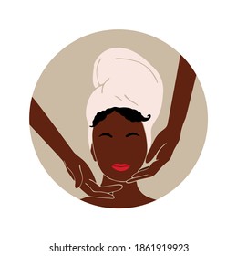 Face care. Beauty salon. African american woman with afro hairstyle. Black woman. Spa. Vector illustration. Icon