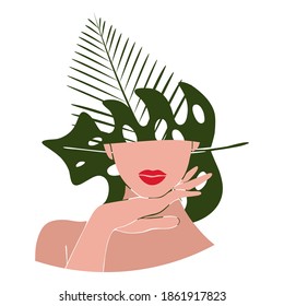 Face care. Beauty salon. European woman. Spa. Vector illustration. Icon. Exotic flowers