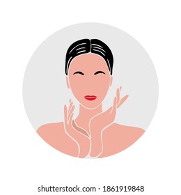 Face care. Beauty salon. European woman. Spa. Vector illustration. Icon