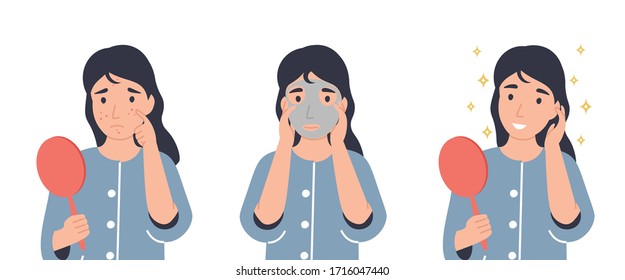 Face care concept. Girl looks in the mirror, applying face mask and removing mask. Flat vector cartoon modern illustration.