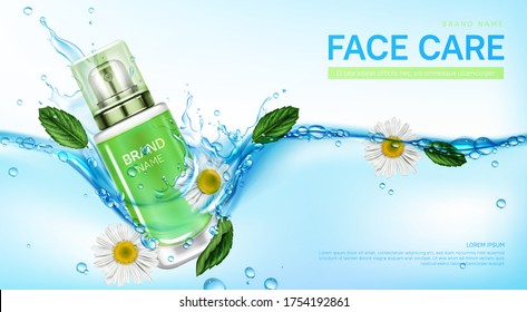 Face care cosmetic product in water splash with mint and chamomile flowers. Vector realistic brand poster with skincare gel or cream in glass bottle. Promo banner, advertising background
