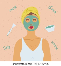 face care. a girl is depicted, a cosmetic mask on her face, towels on her head