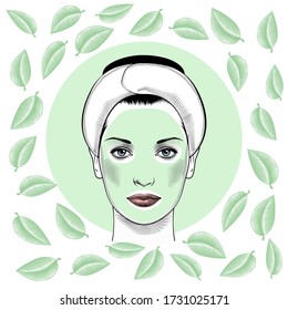 Face care at home. Herbal face mask, green tea. Care of themselves, getting pleasure from the fact that you're home. Vintage prints stylized drawing. Vector illustration