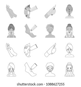 Face care, plastic surgery, face wiping, moisturizing the feet. Skin Care set collection icons in outline,monochrome style vector symbol stock illustration web.