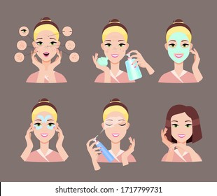 Face care. Problematic facial skin.Step by step care procedure. Well skin