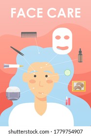 Face care procedures vector poster banner template. Woman taking care of her face visiting beauty salon. Cosmetic facial cleansing masks, eye gel patches, cream, lip balm, eyebrow plucking, hairstyle.