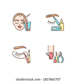 Face care RGB color icons set. Manicure. Microblading. Eyelash extension. Nail varnish. Eyebrow lamination. Beauty procedure. Beautician and cosmetologist services. Isolated vector illustrations