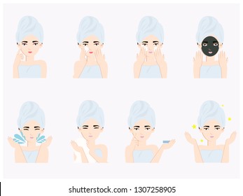 Face care routine. Girl Cleaning And Care Her Face With Various Actions Set. Skincare vector.