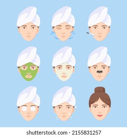 Face care routine set. Step by step korean method. Beatiful girl with acne and tovel on head washing face. Cleaning, moisturazing.