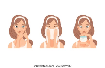 Face Care Routine with Young Girl with Pink Headband Drying Wet Skin with Towel and Holding Cream Vector Set