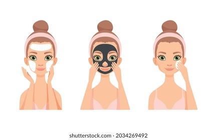 Face Care Routine with Young Girl with Pink Headband Applying Mask on Skin Vector Set