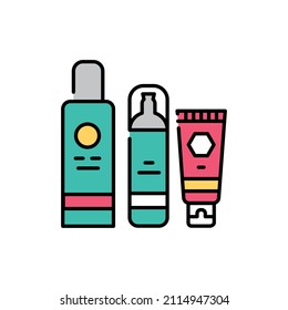 Icono de línea de color de conjunto de cuidado facial. Producto cosmético. Pictograma para página web, aplicación móvil, promoción.