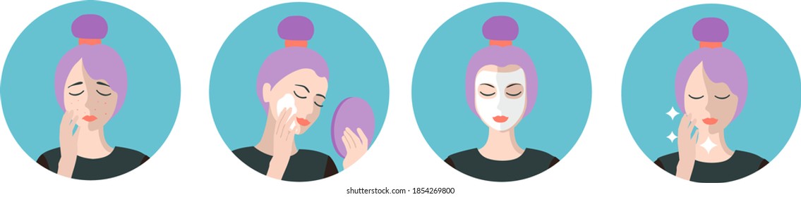 Face care.  Skin problems, acne and inflammation. Cleaning infographics. Skin care routine. Acne skin care steps. Steps how to apply facial cream. Vector isolated illustrations set.