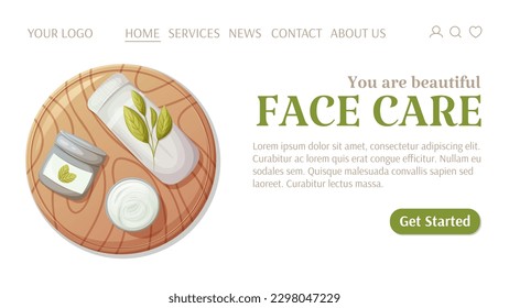 Face care template for website. Round wooden board with rolled up towel and face cream. Top view. Health and beauty. Love your skin. Vector illustration. For banner, poster, advertising.