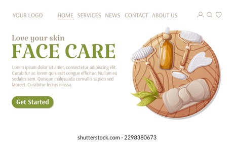 Face care template for website. Round wooden board with gua sha tools, headband, oil serum. Top view. Health and beauty. Love your skin. Vector illustration. For banner, poster, advertising.
