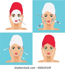 Face Care and Treatment Flat Vector Illustration Set. Mesotherapy, Injections, Mask, Massage Lines.