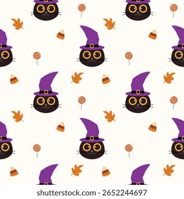 Face cat black cartoon so cute. On leaf candy lollipop white background. Pattern seamless vector illustration. 