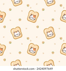 Face cat and bread cartoon so cute. On strawberry heart background. Pattern seamless vector illustration. 