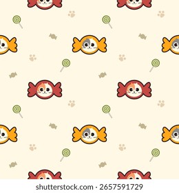 Face cat in candy cartoon so cute. On lollipop footprint background. Pattern seamless vector illustration. 