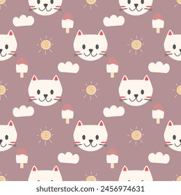 Face cat cartoon so cute. On cloud ice cream sun background. Pattern seamless vector illustration. 

