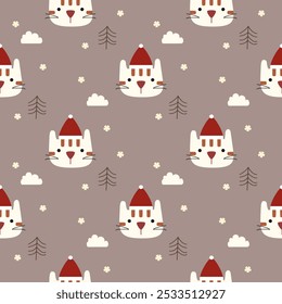 Face cat cartoon so cute. On tree hat cloud snow background. Pattern seamless vector illustration. 