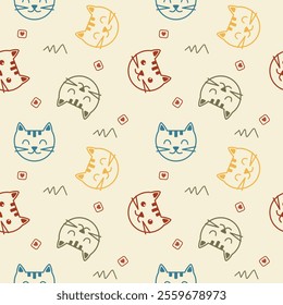 Face cat cartoon so cute. On heart background. Pattern seamless vector illustration. 
