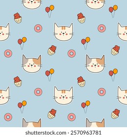 Face cat cartoon so cute. On balloon cupcake donut light blue background. Pattern seamless vector illustration. 